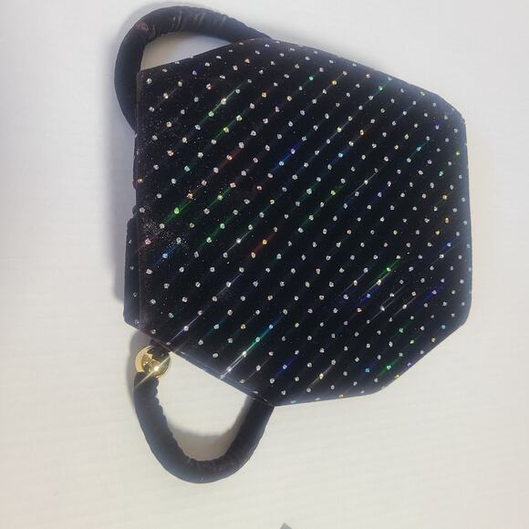 Vintage Black Velvet Rhinestone Evening Handbag w Gold Ball Accent 1960's Style - Picture 8 of 14